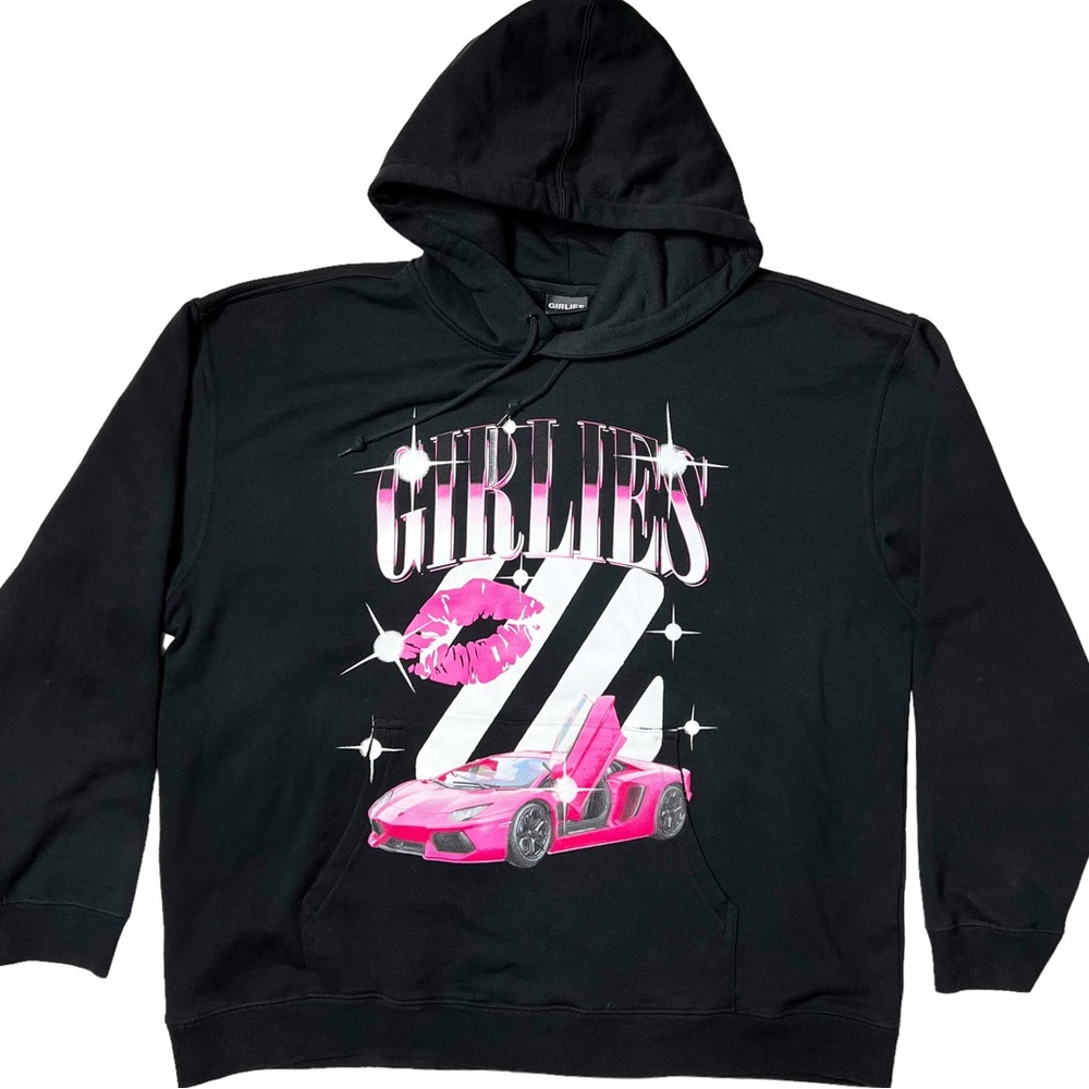 Girlies Pink Lamborghini Graphic Pullover Hoodie Sweatshirt Black Unisex Sz XXL